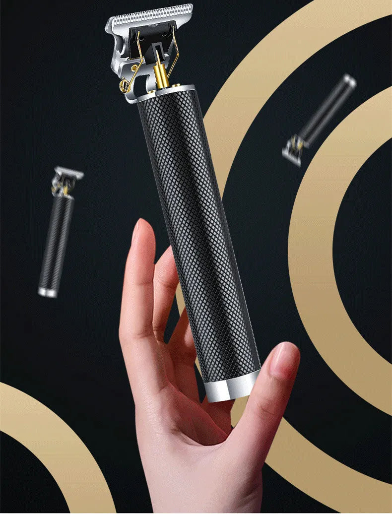 Black rechargeable electric hair clipper with gold steel blades and four guide combs