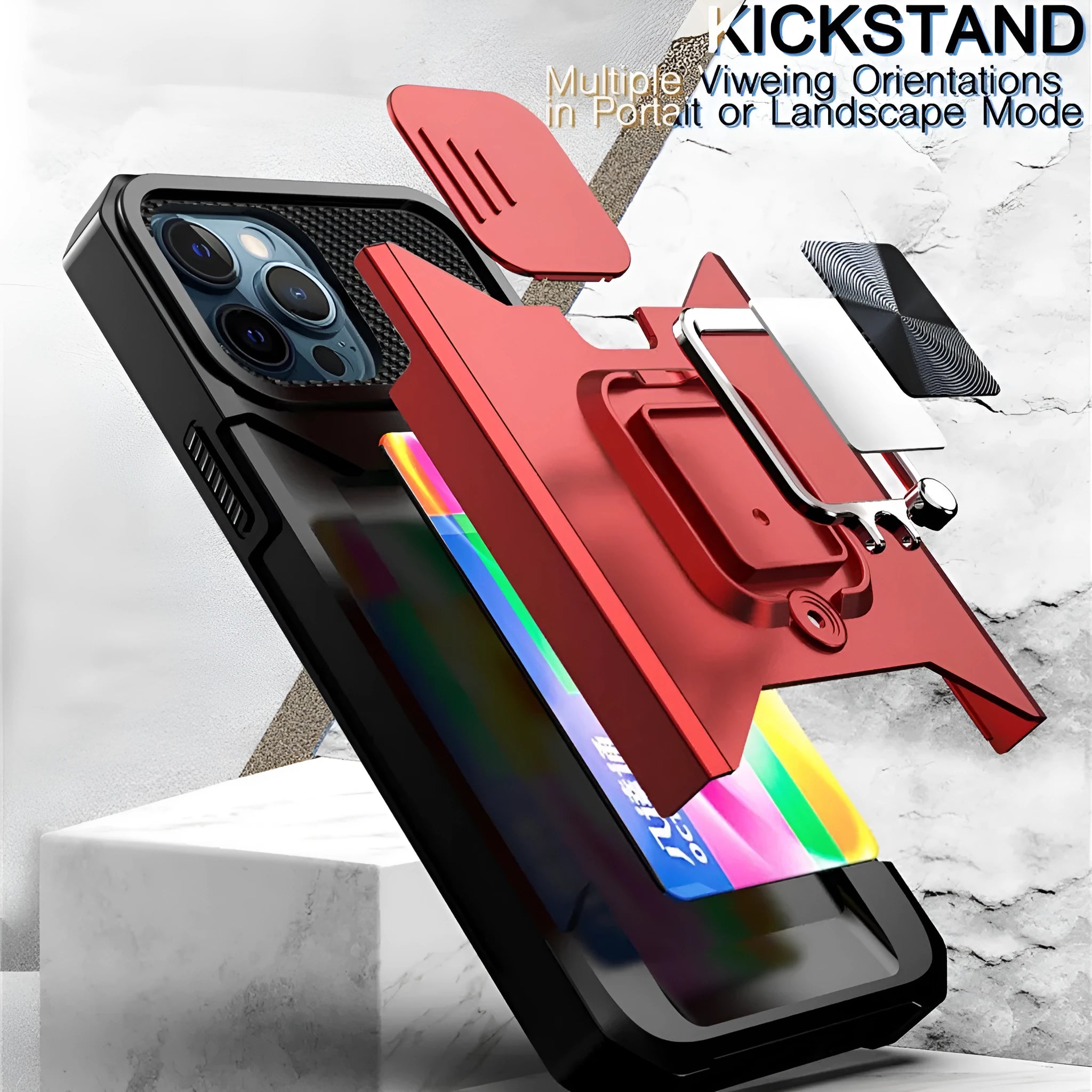 Drop-resistant protective phone case with sliding window and ring for iPhone models in black