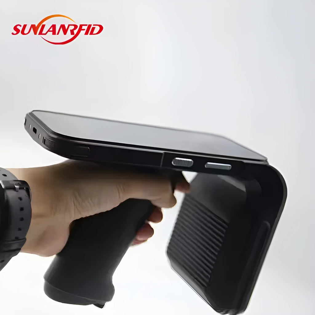 SLP-05 handheld Android UHF RFID reader with barcode scanner and fingerprint sensor.