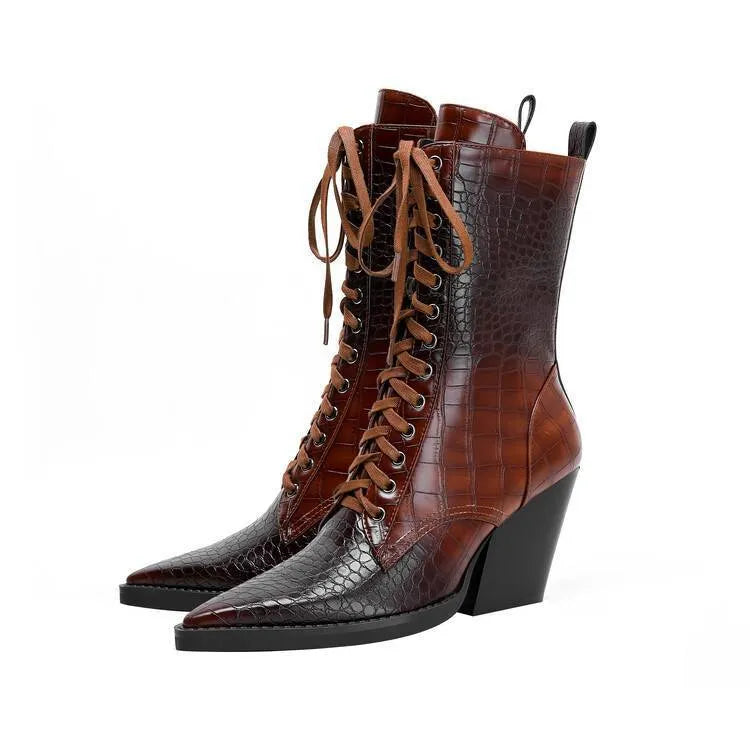 Retro dark brown women's ankle boots with pointed toe, chunky heel, side zipper, and stone pattern stitching.