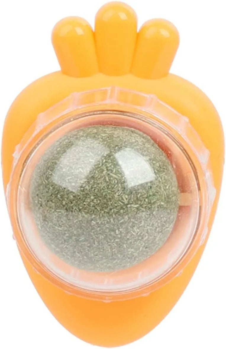 Blue self-adhesive carrot-shaped catnip toy for wall mounting and cat teeth cleaning.