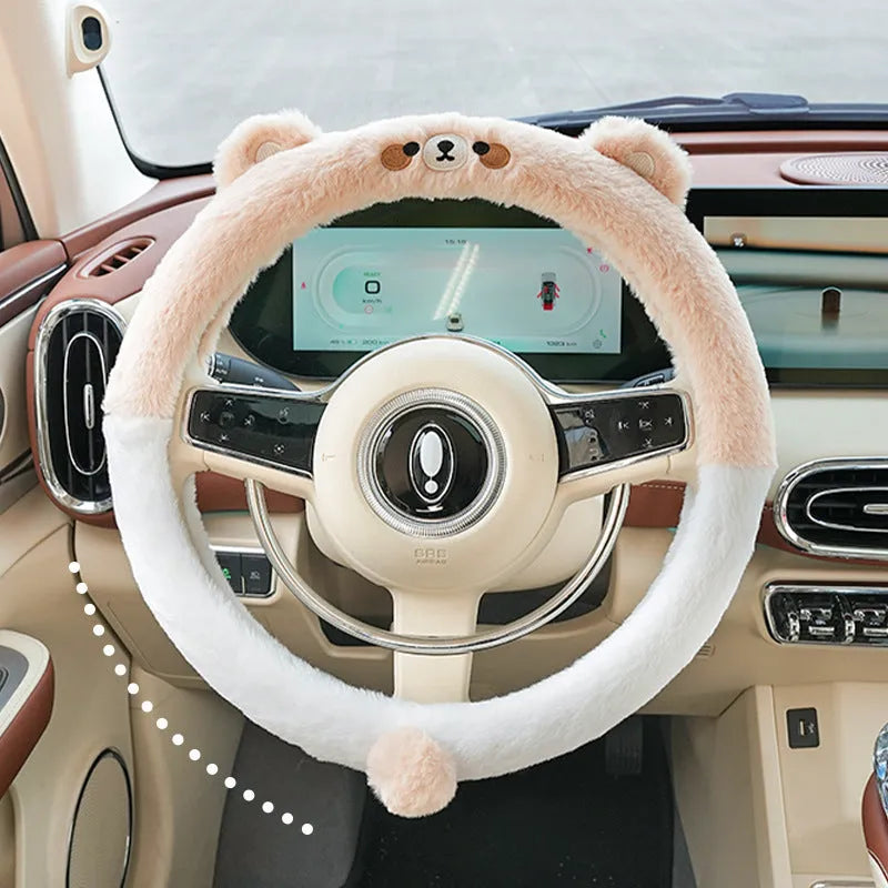 Plush cartoon animal embroidered thermal steering wheel cover for winter, shown fitted on a 38cm car steering wheel.