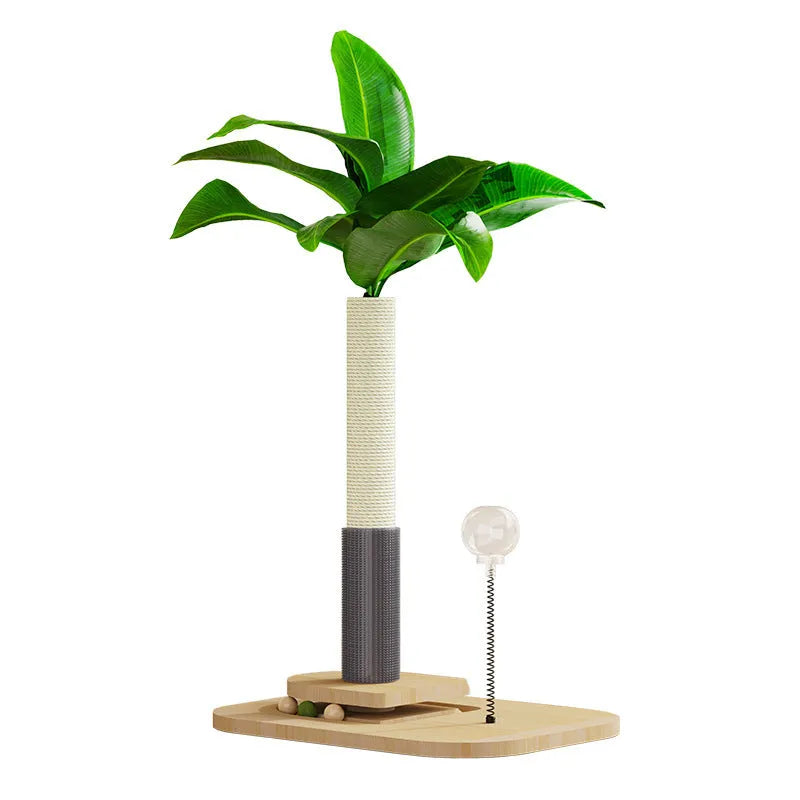 Vertical wooden cat scratching post with tan sisal rope in a simple Canna colour design.