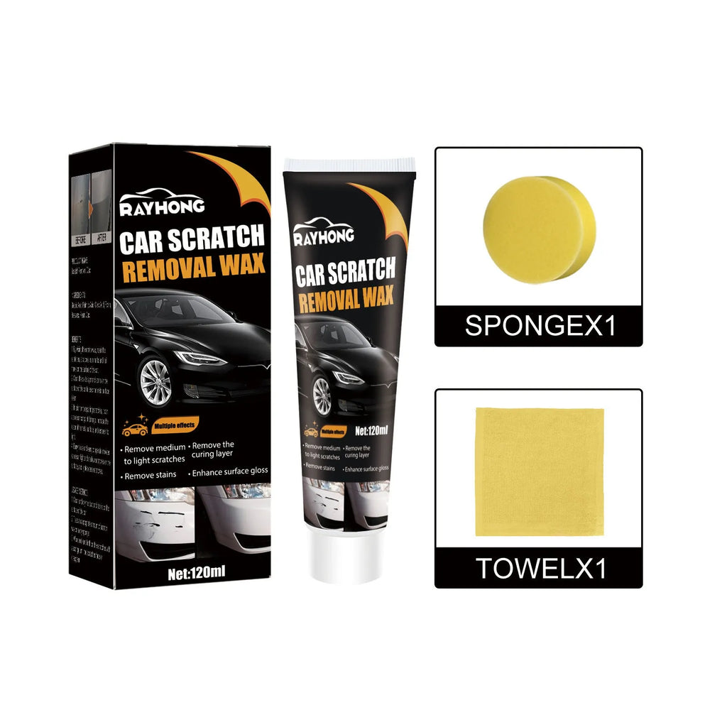 Car scratch wax polish kit with 120ml bottle, application sponge, and microfibre towel