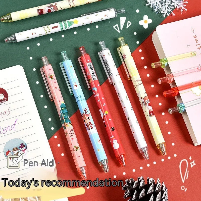 6 cartoon design press gel pens with black refills in Christmas gift packaging
