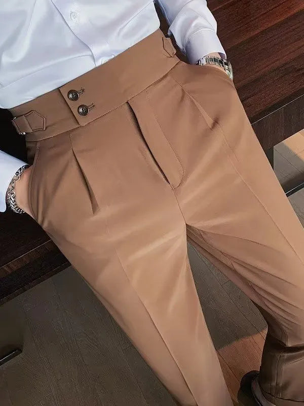 Cotton blend high waist straight casual trousers in black, shown on a model.
