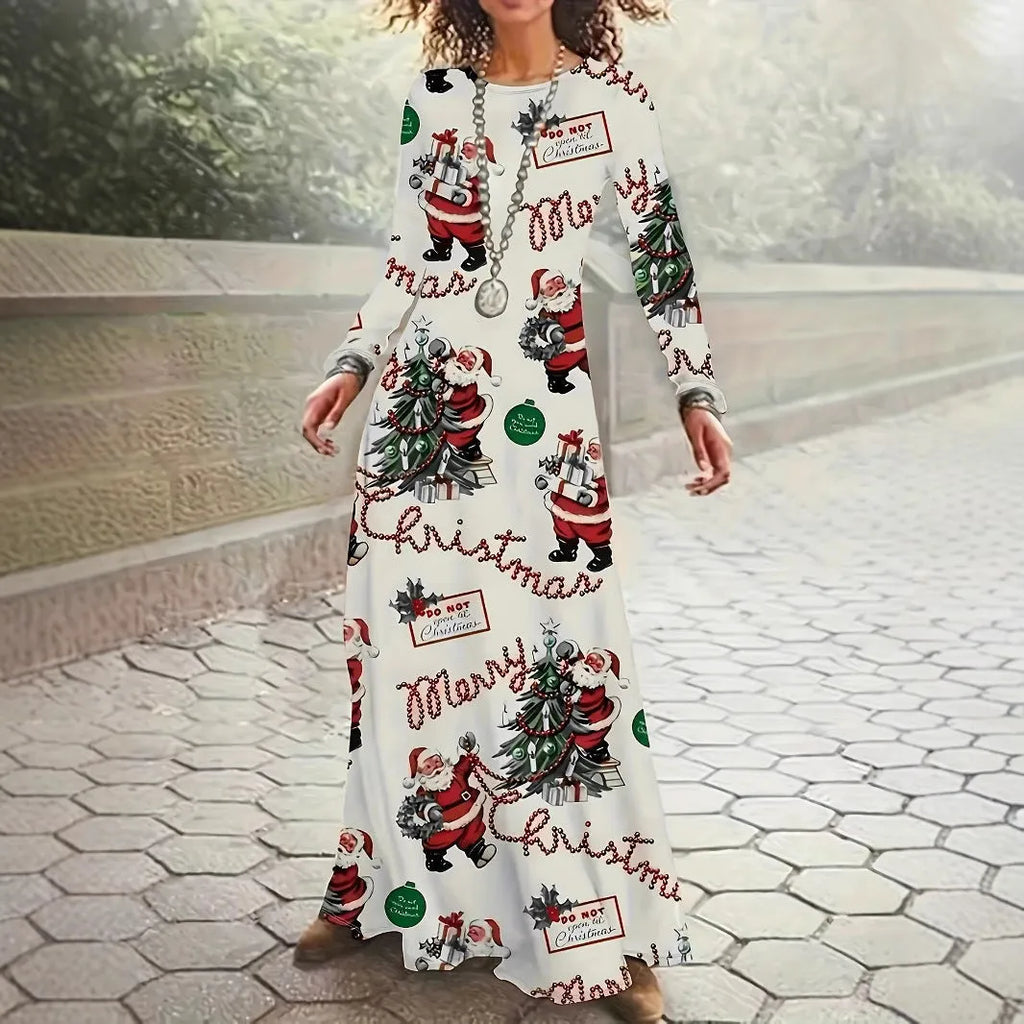 Santa Claus printed long sleeve polyester dress in beige with leather stitching details