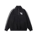 Black retro American style stand collar hoodie with long sleeves and polyester fabric construction
