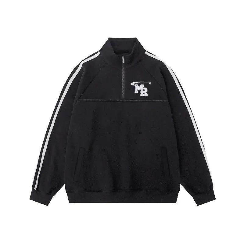 Black retro American style stand collar hoodie with long sleeves and polyester fabric construction