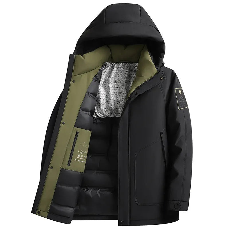 Men's white duck down hooded jacket in black, with chemical fibre blend shell, sizes 170 to 195
