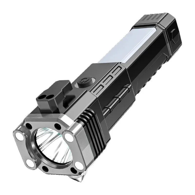 Silver portable power bank LED flashlight with USB charging port shown.