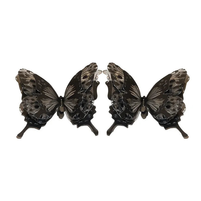 Black acrylic butterfly ear hook drop earrings with electroplated finish, 4.5 cm length
