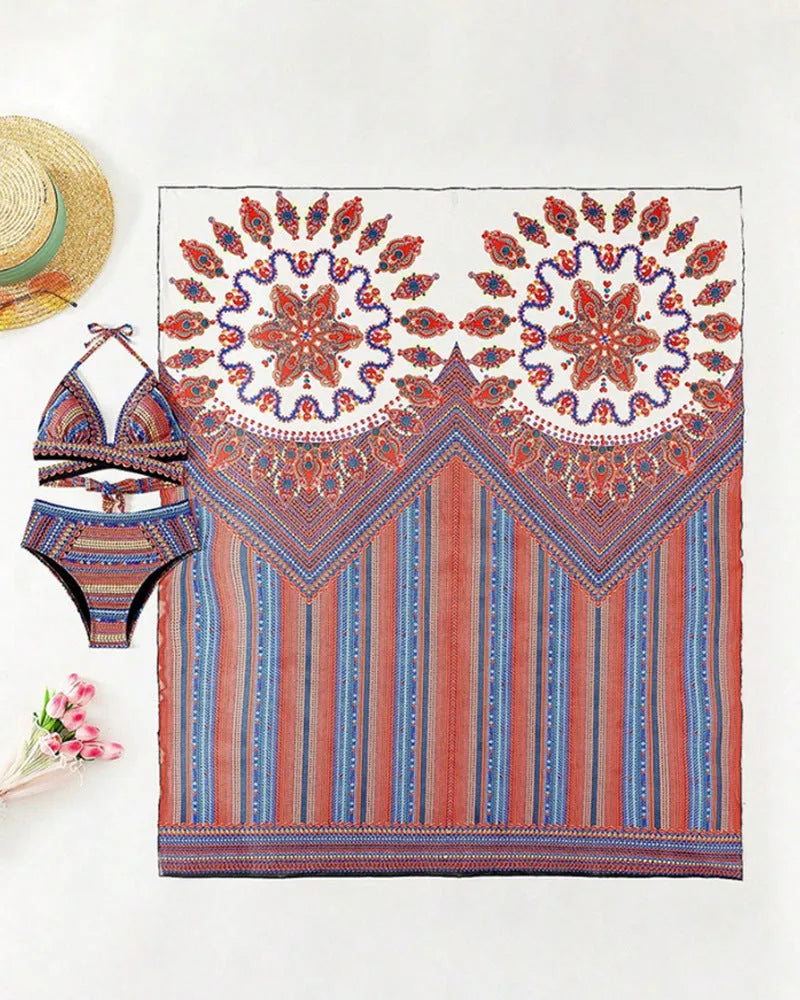 Women's three-piece swimsuit set showing high-waisted bikini bottom, cutout blouse, and matching cover-up coat in a printed design.