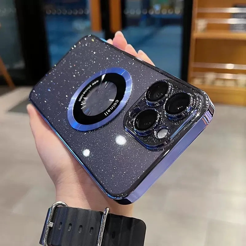 Electroplating glitter magnetic phone case for iPhone in black, dark purple, far peak blue, silver, pink.