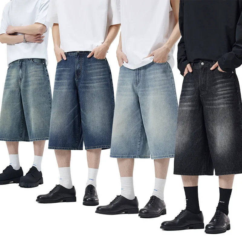 Men's straight-leg denim shorts in cropped length showing light blue colour option
