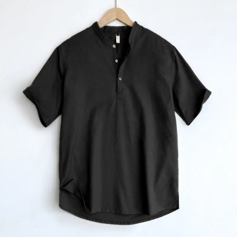 Men's solid colour short sleeve t-shirt in thin cotton linen fabric, shown in optic linen, white, grey green, and black.
