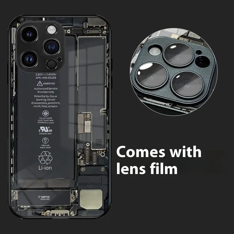 Creative circuit board phone case with lens protector for iPhone, transparent black glass back