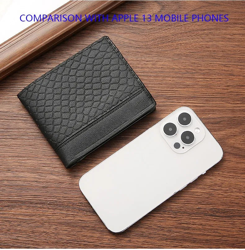 Snakeskin pattern men's short wallet in PU leather with card slots and coin pocket, black colour, front view