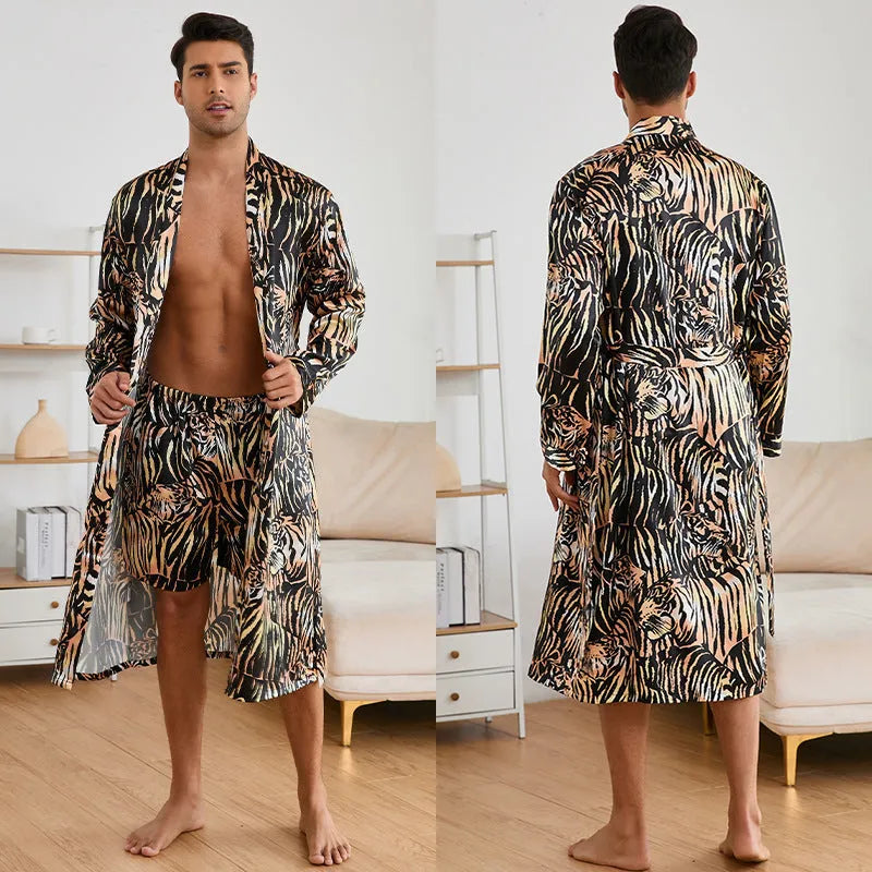 Men's tiger print bathrobe and matching shorts set in ultra-thin fabric