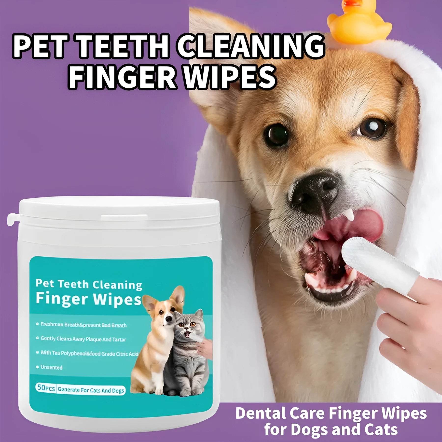 Box of disposable pet teeth cleaning wipes and ear cleaning wipes with fingertip applicators for cats and dogs.