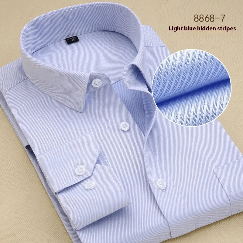 Men's black long sleeve business slim fit shirt in cotton fabric on a hanger.