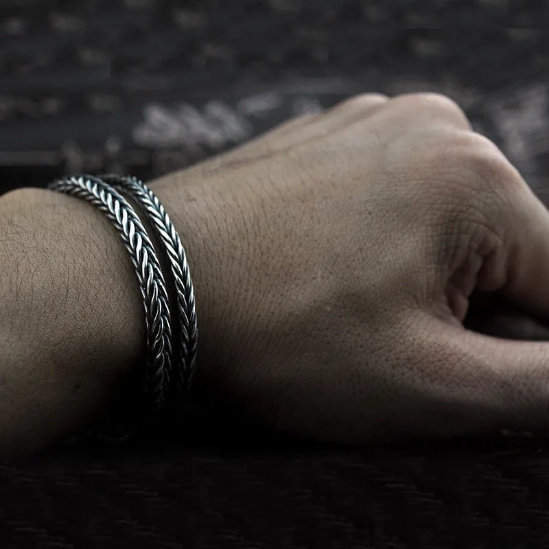 Vintage braided keel 925 silver bracelet for men retro wave style on wrist