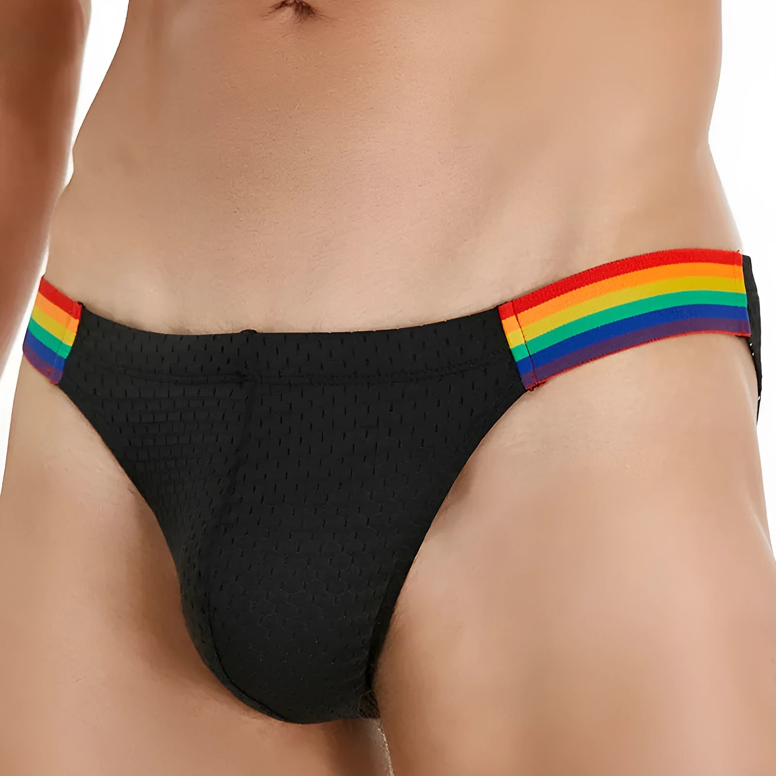 Men's nylon mesh briefs with low waist and rainbow waistband in black, white, and dark blue colours
