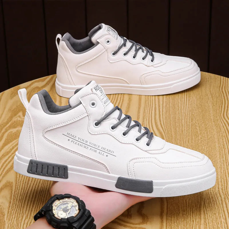 High-top synthetic leather panel shoes with tassel detail, lace-up closure, black beige colour, side view