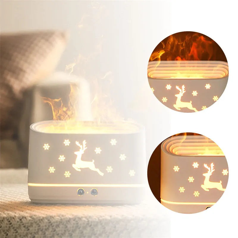 White round Elk flame effect humidifier diffuser with mist and LED light on a surface.