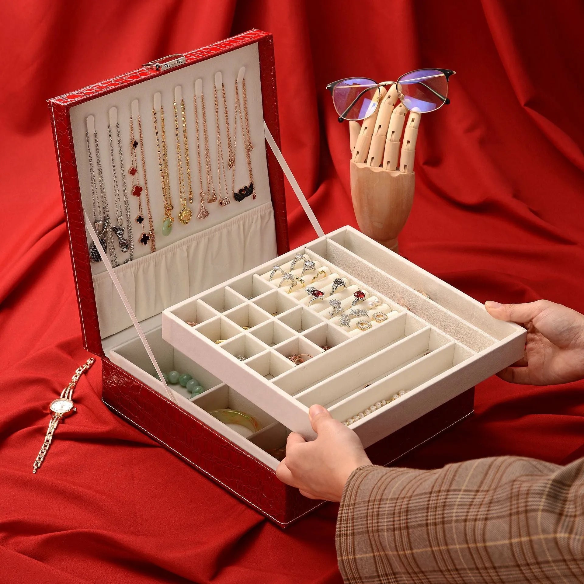 Green crocodile pattern leather double layer jewelry box with lock, showing interior compartments