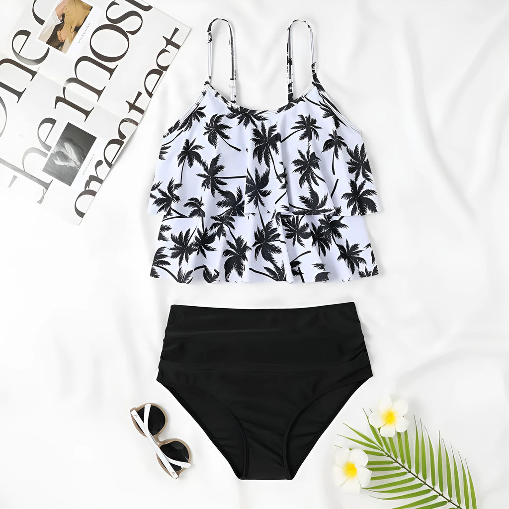 High waist women's swimsuit with floral coconut tree print, a two-piece bikini set.