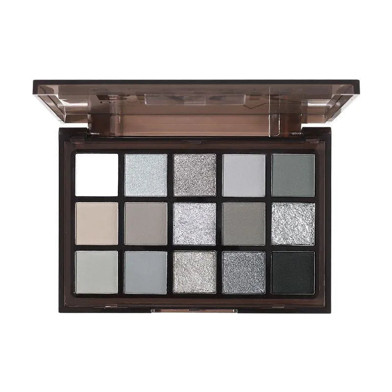 15-colour Night Elf eye shadow palette showing grey, black, and dark matte shimmer shades.