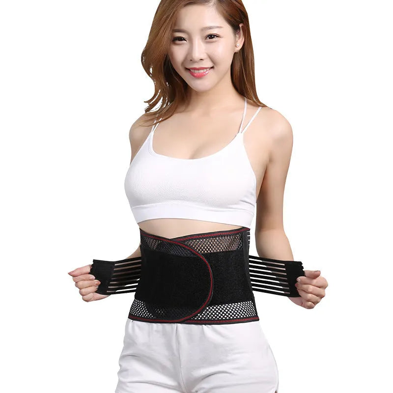 Black sports waist support belt with internal steel plate for lumbar protection, shown on a plain background.