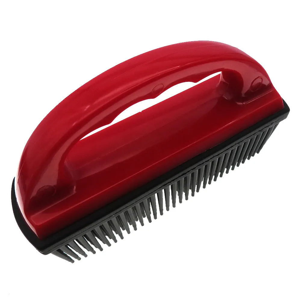 Red pet hair removal brush measuring 160x85mm for grooming dogs cats and cleaning car seats upholstery