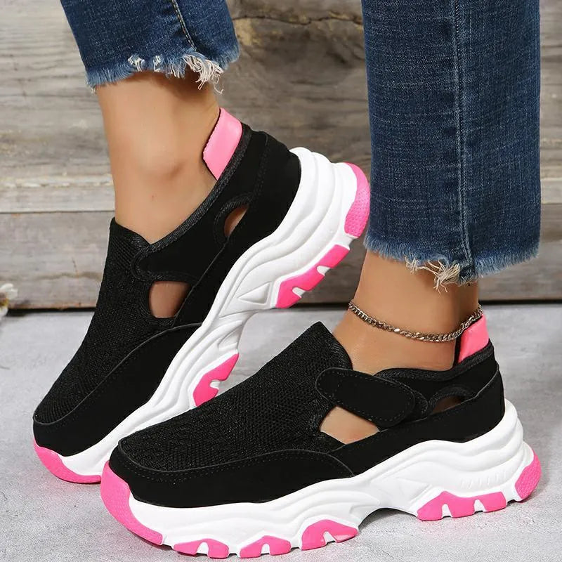 Women's mesh sport shoes with flat heel round toe Velcro closure in red black and blue colours