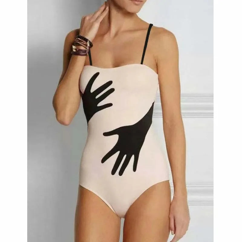 Women's solid colour one-piece bikini swimsuit on a mannequin, with an optional gauze skirt variant.