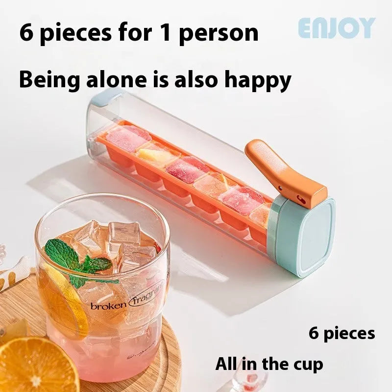 Food-grade plastic ice cube tray with one-press release mechanism and storage box in blue or white.