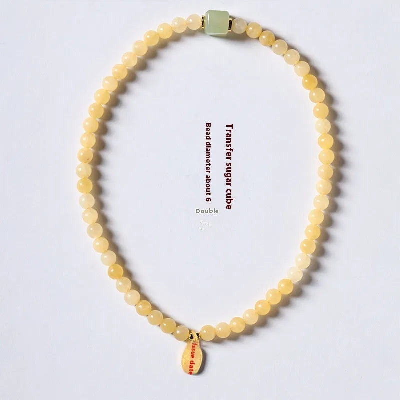 Hand-woven women's topaz bracelet with 6mm mantra barrel beads and square sugar jade pieces