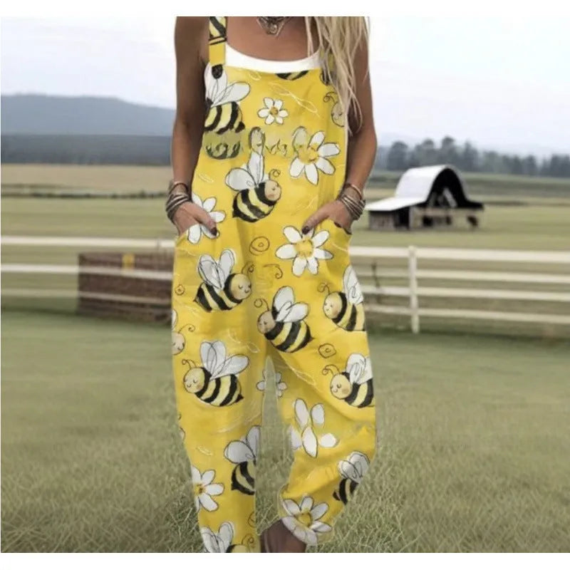 Women's digital print button suspender trousers, straight leg, mid waist, polyester, sizes S-5XL