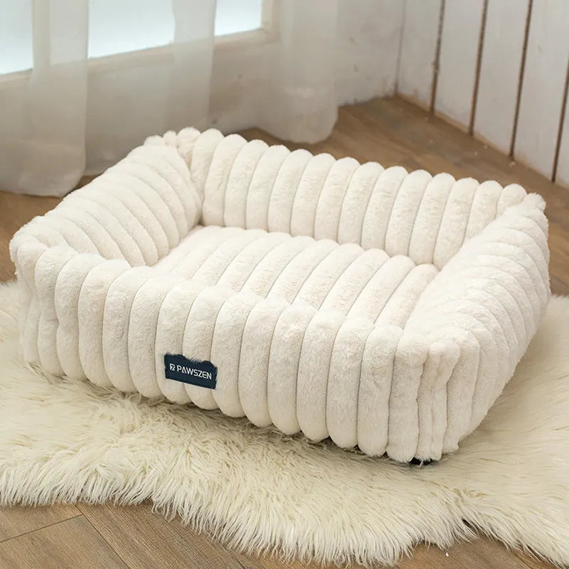 Large removable square pet bed for dogs, white striped, soft cloth, size L