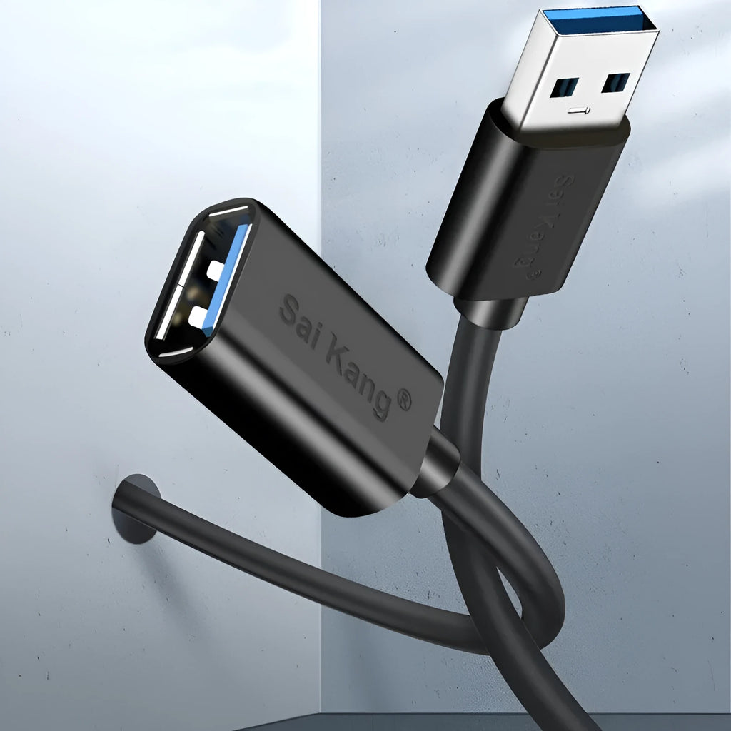 Black USB extension cable with male and female connectors, shown with length options from 1 to 5 metres.