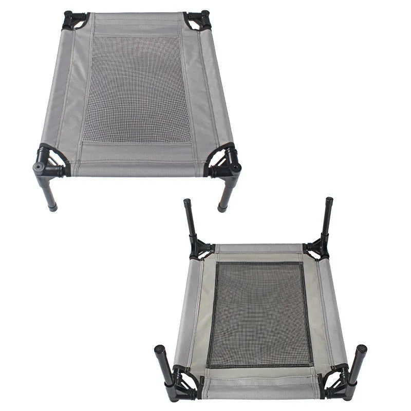 Black outdoor dog bed with removable Oxford cloth cover and steel frame, shown at 55cm length