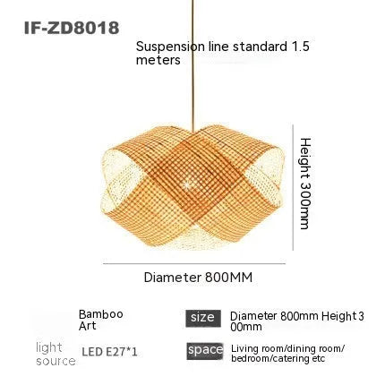 Bamboo woven rattan ceiling lamp with adjustable height in new Chinese style for restaurant lighting