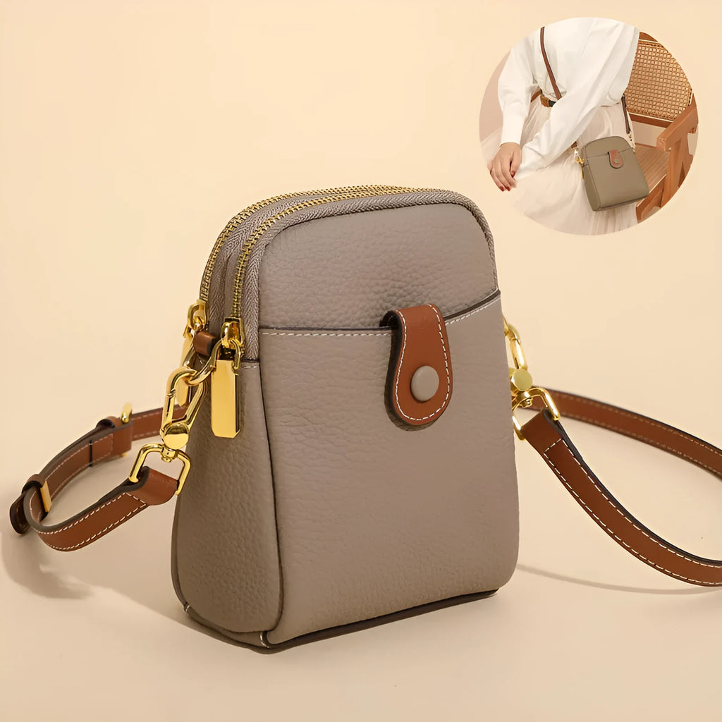 Lychee pattern top layer cowhide leather small crossbody mobile phone bag with coin purse, 14cm x 8.5cm x 18cm, cream colour
