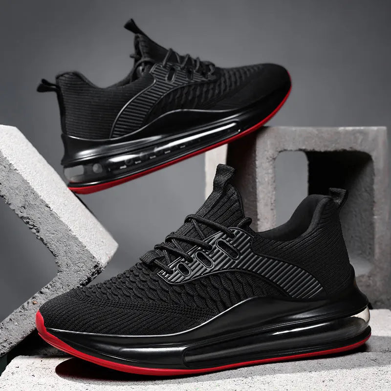 Men's low-top black mesh running shoes with rubber sole and lace-up front