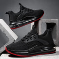 Men's low-top black mesh running shoes with rubber sole and lace-up front