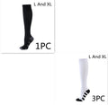 Pair of athletic compression socks in nylon, middle tube height, medium thickness, with three-bar pattern in black, pink or white.