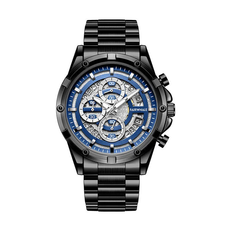 Men's waterproof quartz watch with luminous hands on stainless steel strap