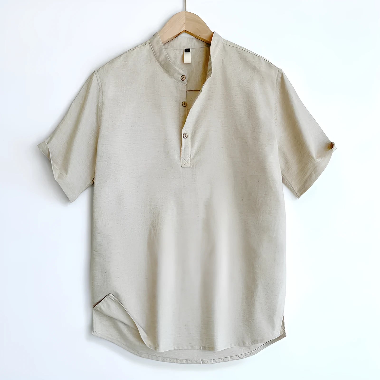 Men's solid colour short sleeve t-shirt in thin cotton linen fabric, shown in optic linen, white, grey green, and black.
