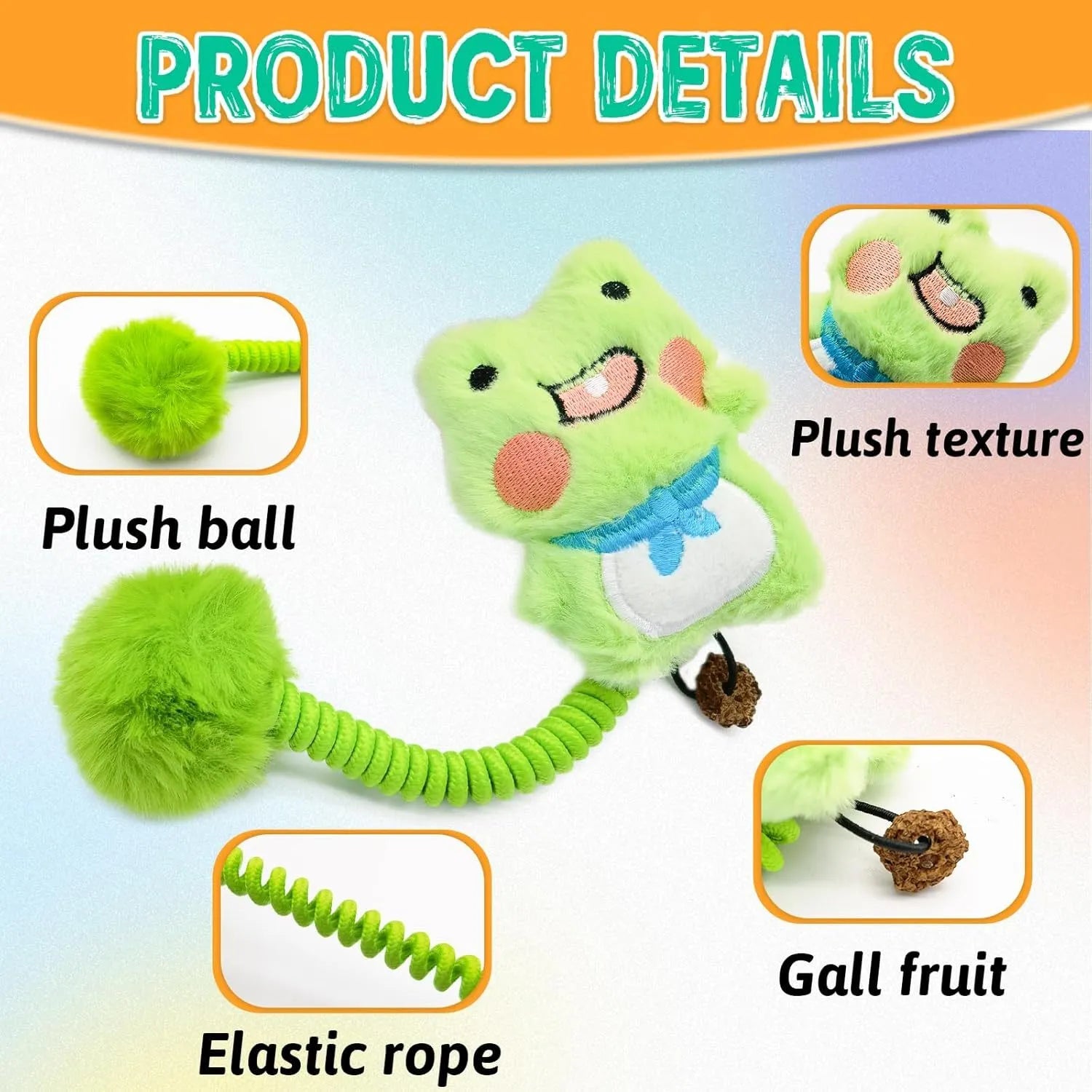 4-in-1 interactive cat toy set with plush animal, silvervine fruit, stretching spring, and fuzzy red ball.